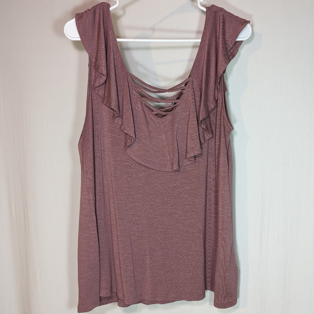 Pink Rose Muted Pink Purple Tank Top Blouse Ruffle Casual Workwear Summer L